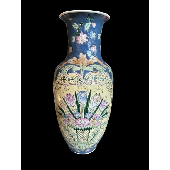 Vintage WBI Ceramic Baluster Vase Chinese Chinoiserie Glazed Flowers 12" Tall - Picture 3 of 6